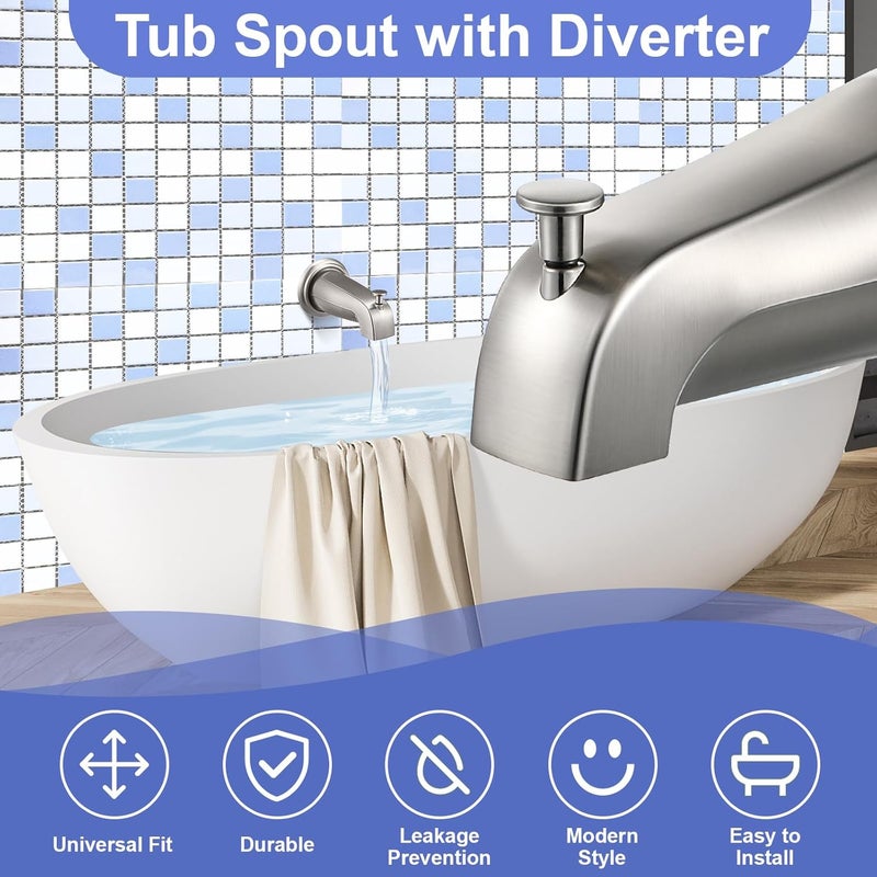Enhon Tub Spout, Universal Fits 1/2'' Copper Pipe, 1/2'' IPS and 3/4'' IPS, Bathroom Bathtub Tub Faucet Replacement with Adapters(with Diverter,Brushed Nickel) - Image 3